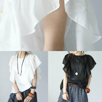 Black Linen Tops O Neck Ruffles Sleeve Blouses