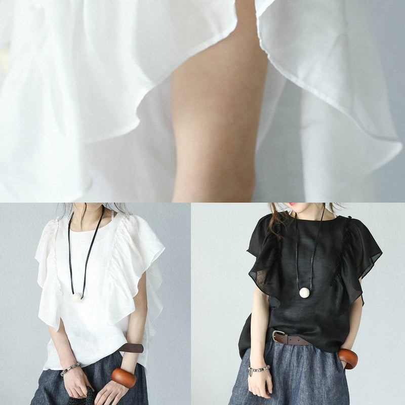 Black Linen Tops O Neck Ruffles Sleeve Blouses
