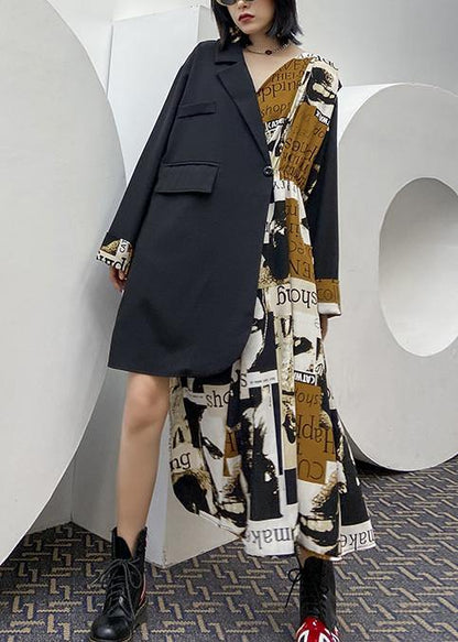 Black Patchwork Letter Outfit Notched Asymmetric Oversized Dress