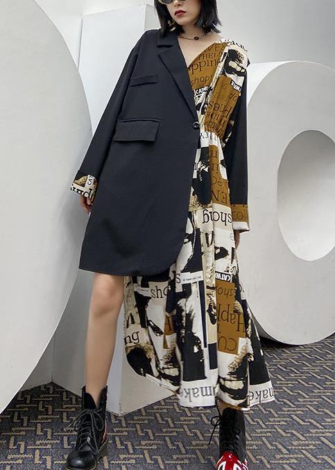 Black Patchwork Letter Outfit Notched Asymmetric Oversized Dress