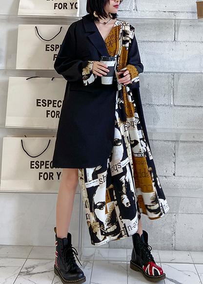 Black Patchwork Letter Outfit Notched Asymmetric Oversized Dress