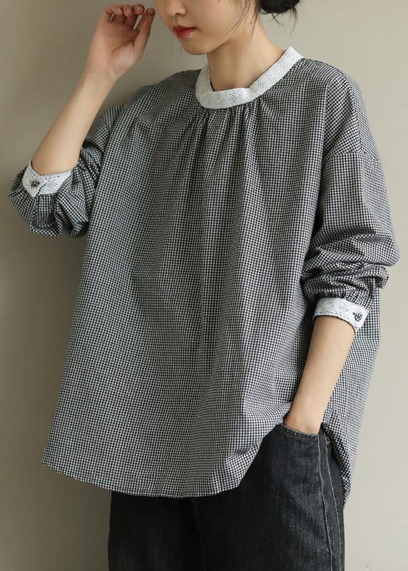 Black Plaid Clothes for O Neck Midi Fall Blouses