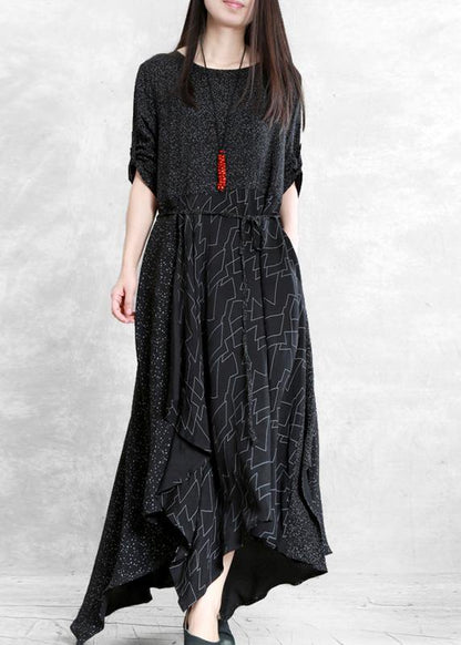 Black Print Clothes for O Neck Patchwork Maxi Dresses