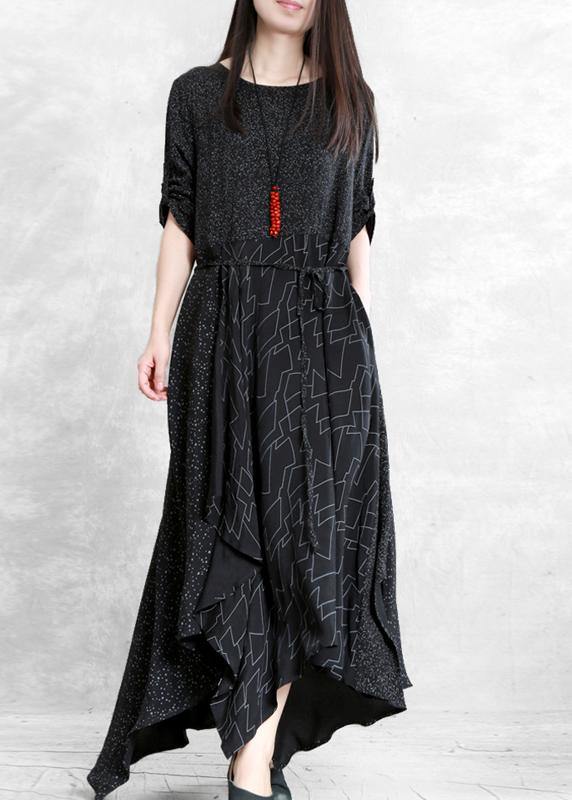 Black Print Clothes for O Neck Patchwork Maxi Dresses