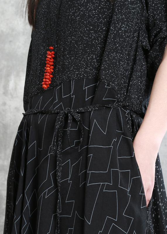 Black Print Clothes for O Neck Patchwork Maxi Dresses