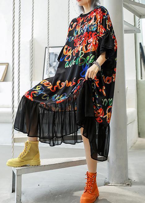 Black Print Cotton Quilting Clothes O Neck Patchwork Maxi Summer Dress