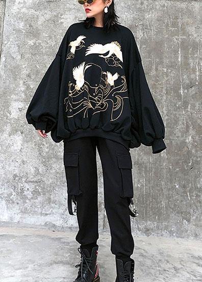 Black Print Cotton Tunic Pattern O Neck Lantern Sleeve Oversized Blouses