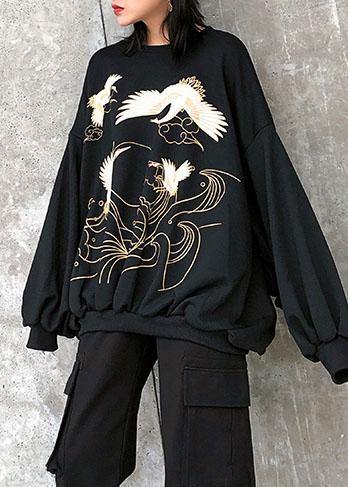 Black Print Cotton Tunic Pattern O Neck Lantern Sleeve Oversized Blouses