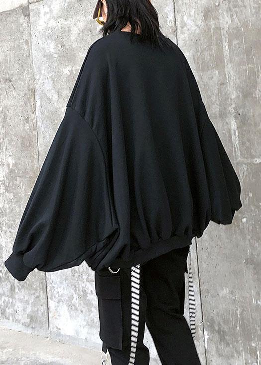 Black Print Cotton Tunic Pattern O Neck Lantern Sleeve Oversized Blouses