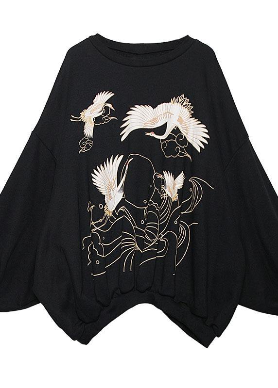 Black Print Cotton Tunic Pattern O Neck Lantern Sleeve Oversized Blouses