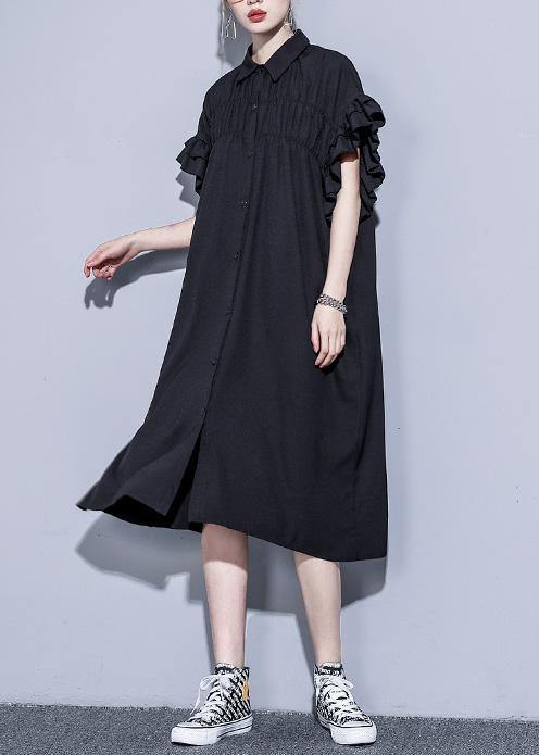 Black Tunics for Lapel Asymmetric Cotton Summer Dress