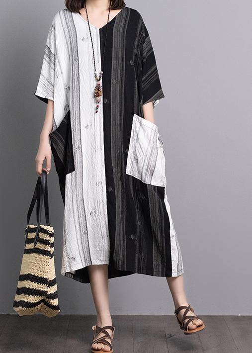 Black White Patchwork Linen Dresses V Neck Pockets a Line Summer Dress