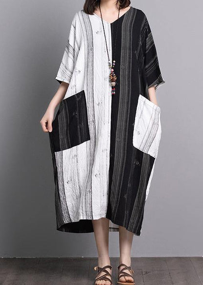 Black White Patchwork Linen Dresses V Neck Pockets a Line Summer Dress