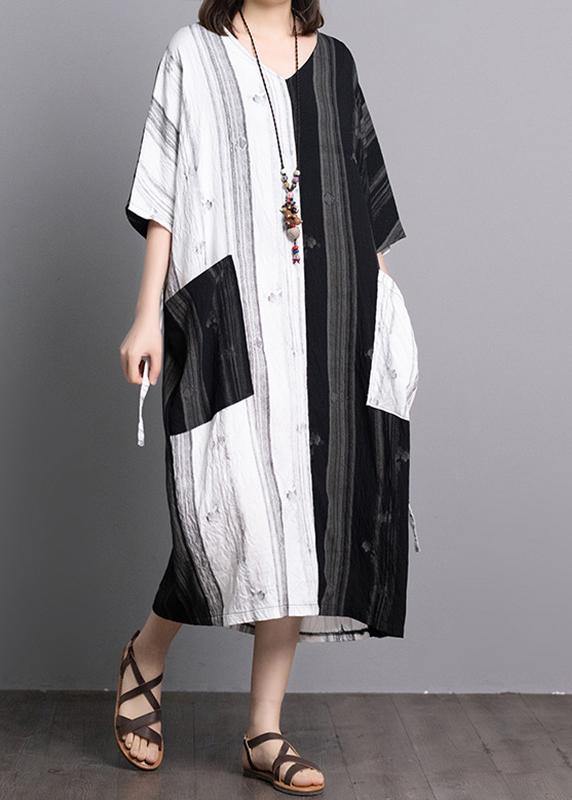 Black White Patchwork Linen Dresses V Neck Pockets a Line Summer Dress