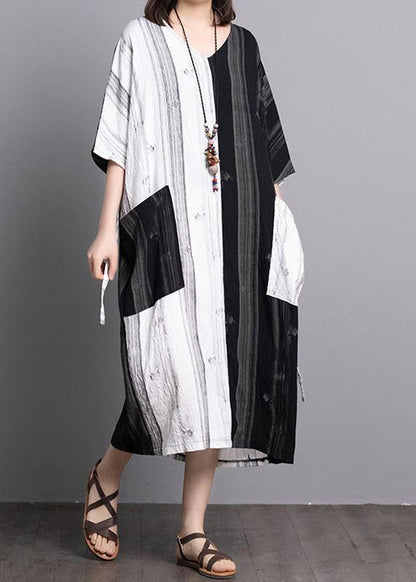 Black White Patchwork Linen Dresses V Neck Pockets a Line Summer Dress