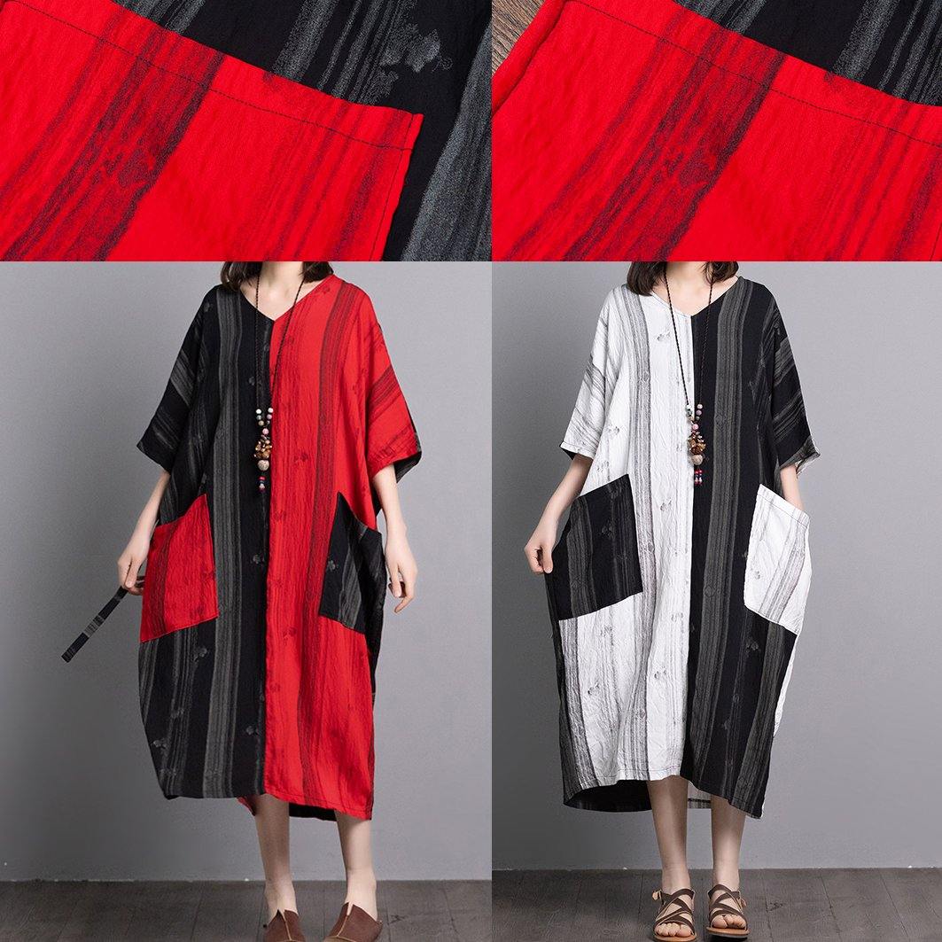 Black White Patchwork Linen Dresses V Neck Pockets a Line Summer Dress