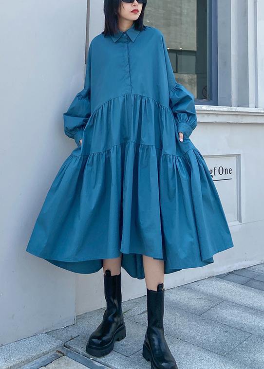 Blue Dress Lapel Puff Sleeve Maxi Dress