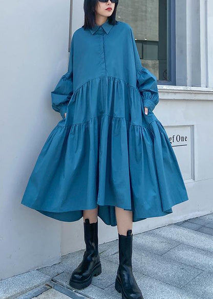 Blue Dress Lapel Puff Sleeve Maxi Dress