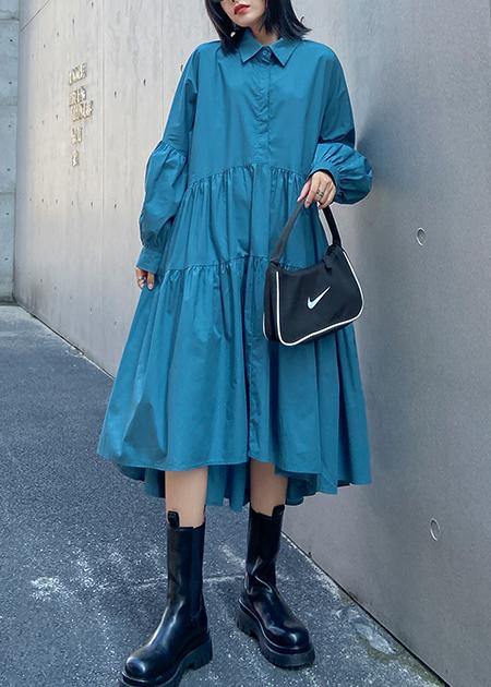 Blue Dress Lapel Puff Sleeve Maxi Dress