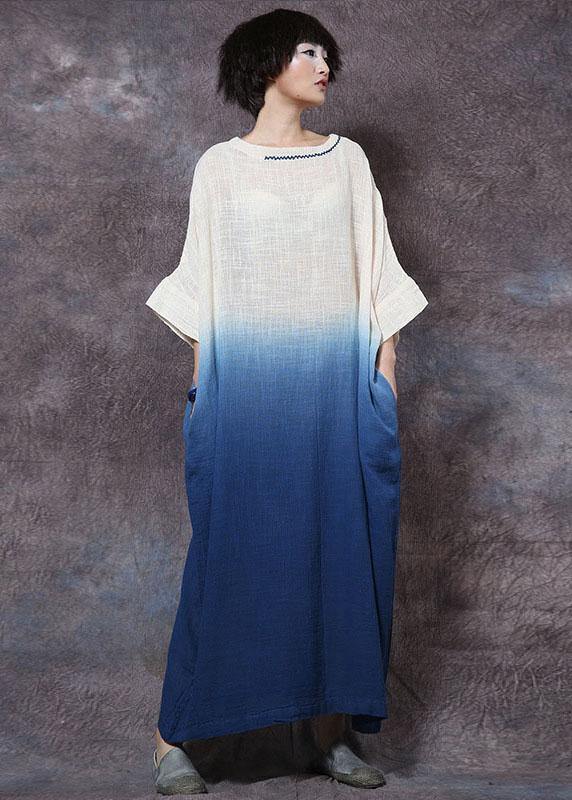Blue Linen Cotton Clothes Gradient Color Maxi Summer Dresses