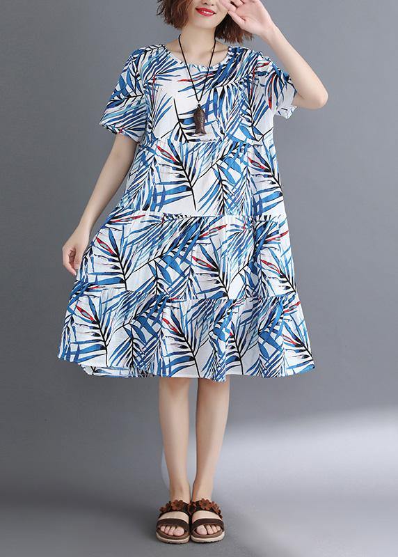 Blue Print Cotton Clothes O Neck Cinched Tunic Summer Dress