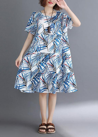 Blue Print Cotton Clothes O Neck Cinched Tunic Summer Dress