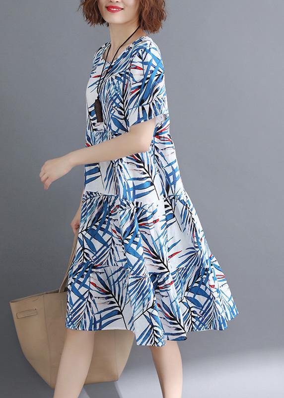 Blue Print Cotton Clothes O Neck Cinched Tunic Summer Dress