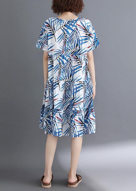 Blue Print Cotton Clothes O Neck Cinched Tunic Summer Dress