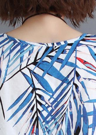 Blue Print Cotton Clothes O Neck Cinched Tunic Summer Dress