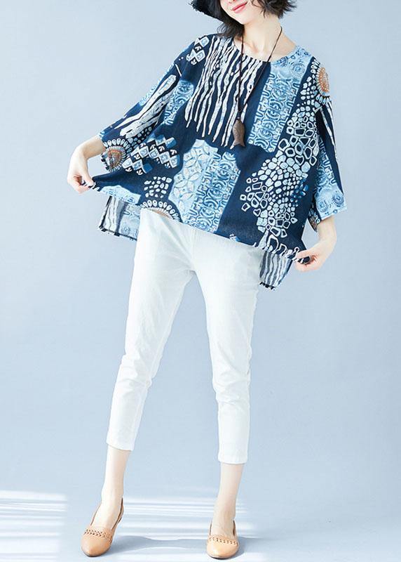 Blue Print Cotton Linen Shirts Fabrics O Neck Batwing Sleeve Blouses