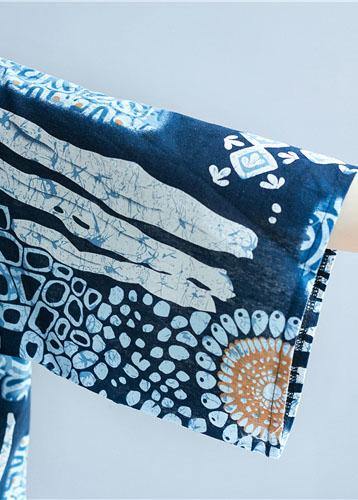Blue Print Cotton Linen Shirts Fabrics O Neck Batwing Sleeve Blouses