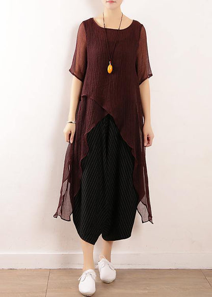 Burgundy Linen Top Asymmetric Hem Clothing Summer Blouse