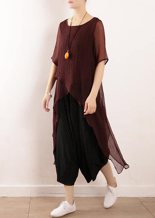 Burgundy Linen Top Asymmetric Hem Clothing Summer Blouse