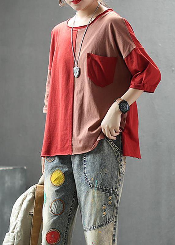 Cotton Tops Stylish Single Pocket Color Matching Blouse