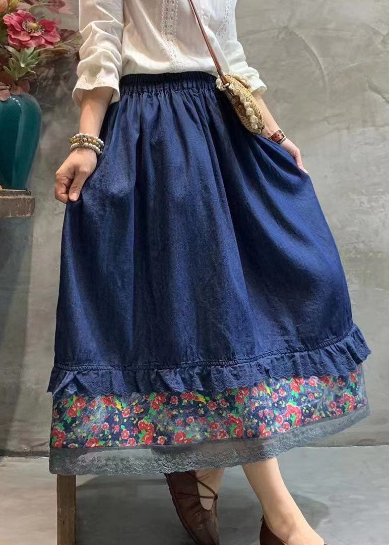 Dark Blue Elastic Waist Lace Patchwork Skirt Spring