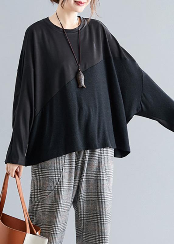 Dark Gray Cotton Linen Tops O Neck Patchwork Box Blouses
