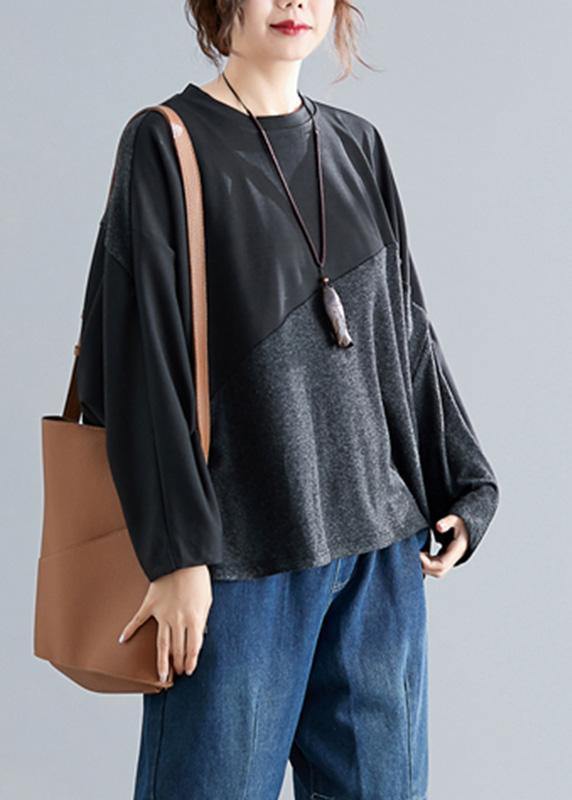 Dark Gray Cotton Linen Tops O Neck Patchwork Box Blouses