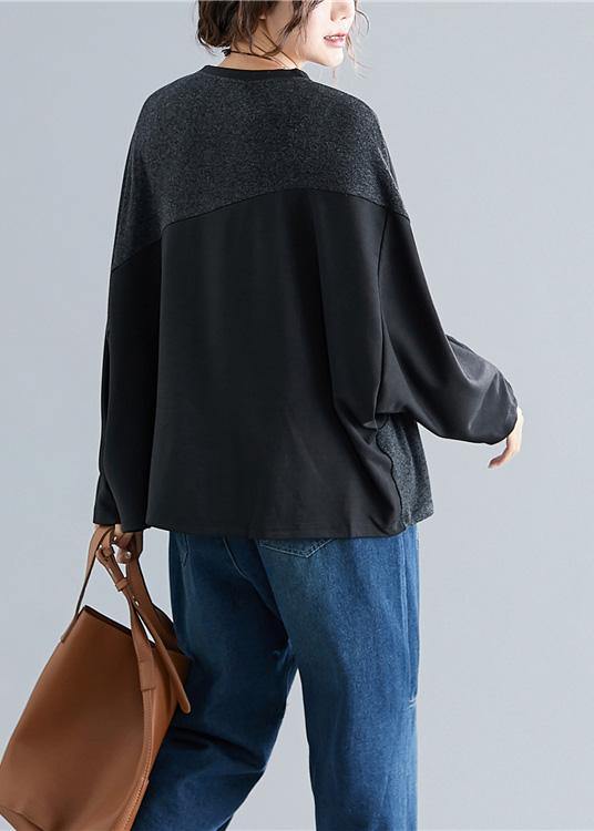 Dark Gray Cotton Linen Tops O Neck Patchwork Box Blouses