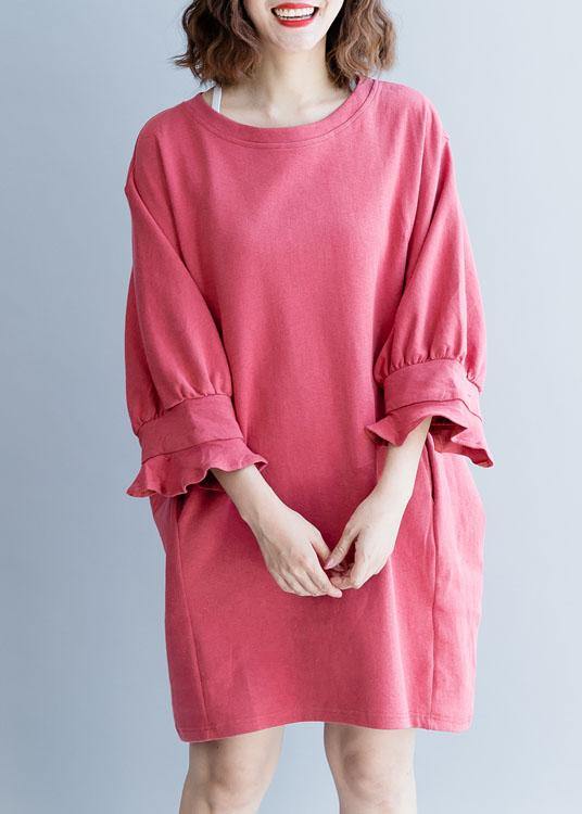 Dark Pink Cotton Clothes Lantern Sleeve Oversized Fall Dresses