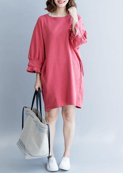 Dark Pink Cotton Clothes Lantern Sleeve Oversized Fall Dresses