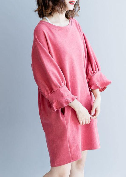 Dark Pink Cotton Clothes Lantern Sleeve Oversized Fall Dresses