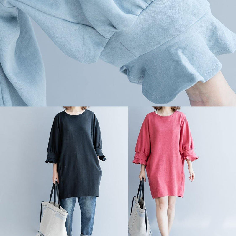 Dark Pink Cotton Clothes Lantern Sleeve Oversized Fall Dresses