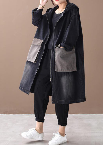 Denim Black Fine Tunic Pattern Outfits Hooded Large Pockets Winter Coats