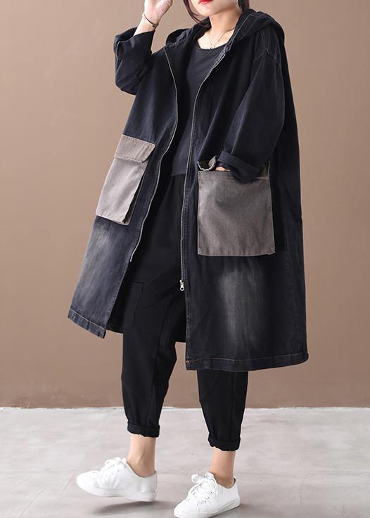 Denim Black Fine Tunic Pattern Outfits Hooded Large Pockets Winter Coats