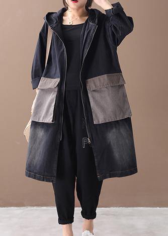 Denim Black Fine Tunic Pattern Outfits Hooded Large Pockets Winter Coats