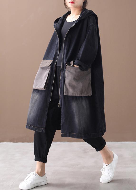 Denim Black Fine Tunic Pattern Outfits Hooded Large Pockets Winter Coats
