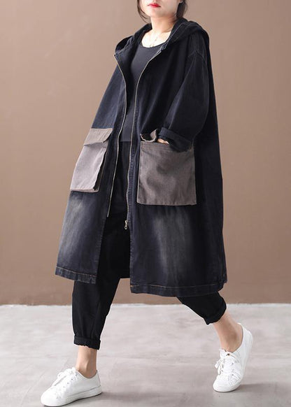 Denim Black Fine Tunic Pattern Outfits Hooded Large Pockets Winter Coats