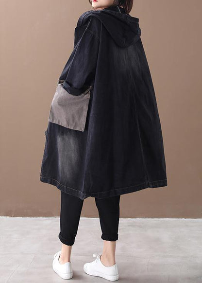 Denim Black Fine Tunic Pattern Outfits Hooded Large Pockets Winter Coats