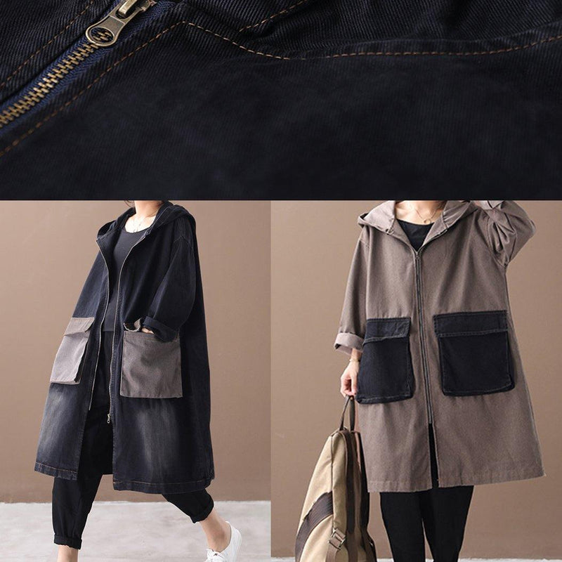 Denim Black Fine Tunic Pattern Outfits Hooded Large Pockets Winter Coats