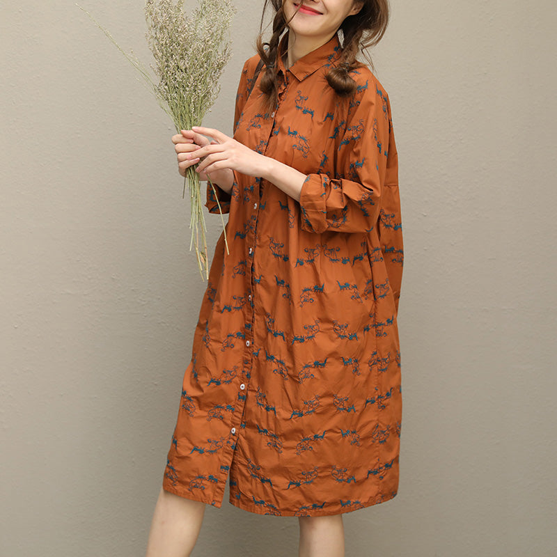 Embroidery Button Down Cotton Quilting Clothes Sleeve Brown Short Dresses